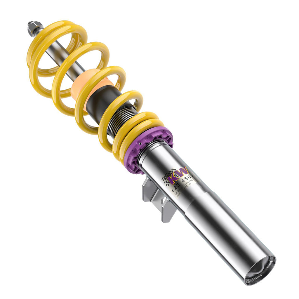 Das KW Gewindefahrwerk V1 inox passend für BMW 1er, 2er, 3er und 4er (F20–F36) verfügt über ein gelbes Gewindefahrwerk mit violettem Kragen und Chrom-Finish, ideal zum Absenken Ihres Autos und Verbessern des Handlings – kompatibel mit Modellen ohne elektronische Dämpfung.