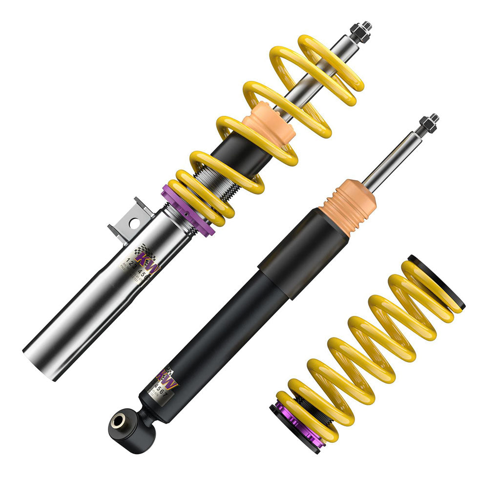 Das KW Gewindefahrwerk V2 inox mit gelben Gewindefedern und Metallstoßdämpfern passt passend für BMW 1er F20/F21, 2er F22/F23, 3er F30/F32/F34, 4er F32/F33/F36 und beinhaltet eine elektronische Dämpferabschaltung.