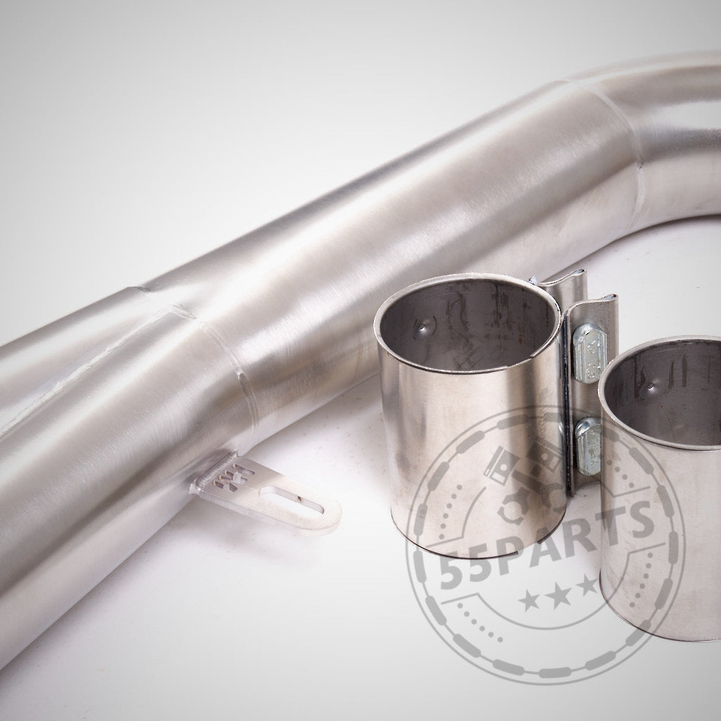 55Parts & MH Pipes OPF ERSATZROHR einzelnes 3,5-Zoll-Mittelrohr passend für BMW G8x (G81, G82, G83, G87 M2/M3/M4 Competition) mit S58-Motor; enthält zwei Metallklemmen für einfache Installation und strömungsoptimierte Fallrohre für bessere Leistung.