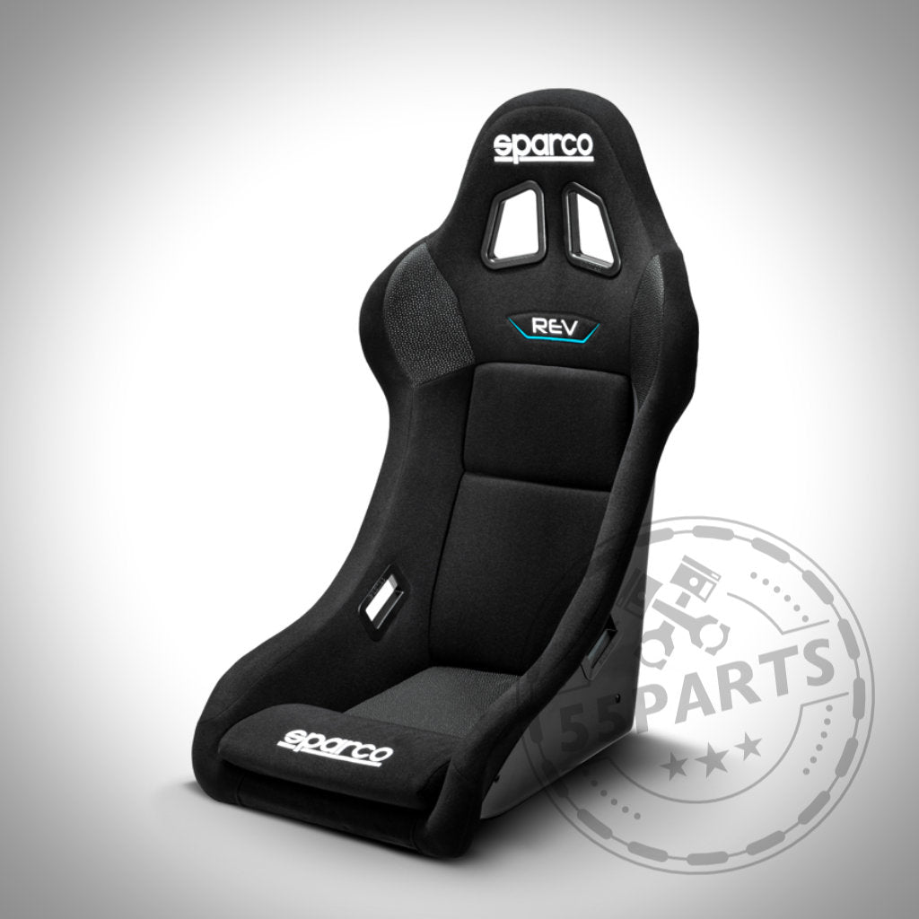 Der schwarze Sparco REV QRT Schalensitz (FIA) Rennsitz mit hohen Seitenstützen und dem REV-Logo ist auf weißem Hintergrund abgebildet.