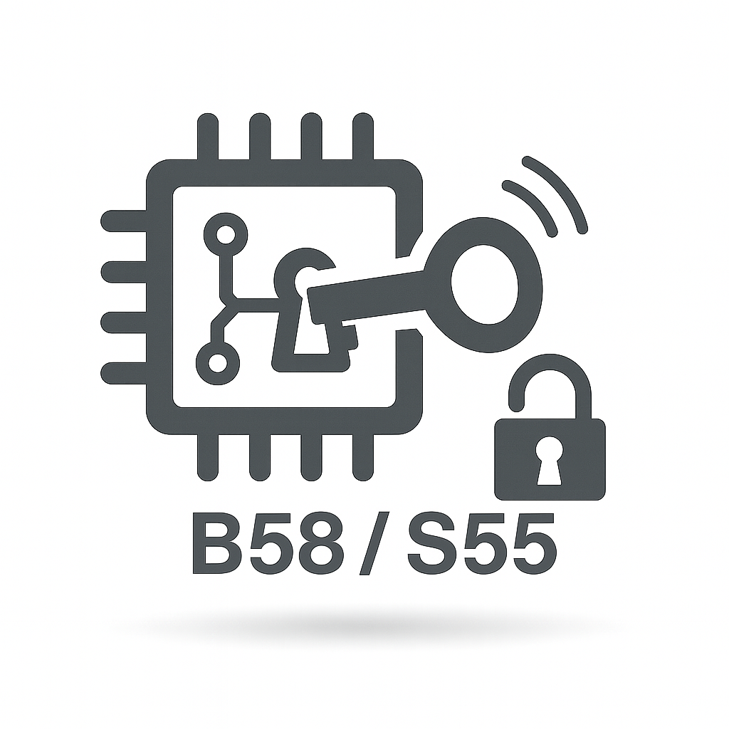 Ein Schlüssel und ein Vorhängeschloss über einem Mikrochip-Symbol mit der Aufschrift B58 / S55, das 55Parts Bench OBD Unlock für alle S55, S58 und B58 Modelle bis 06/2020 (BMW Steuergerät entsperren) darstellt.