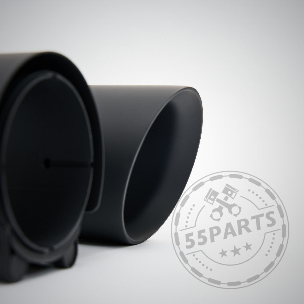 Nahaufnahme von zwei schwarzen zylindrischen Objekten mit schwachem Branding, entworfen &amp; MH-PIPES für alle B58 BMW-Modelle (OHNE OPF und OPF), einschließlich Toyota Supra – 3,5-Zoll-ECE-Klappenauspuffanlage.
