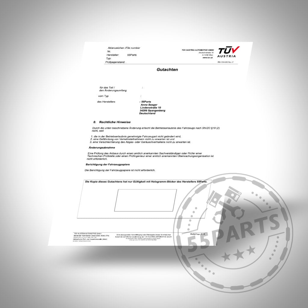 Ein 55Parts Special Gutachten + Etikett für Airscoop passend für BMW F-Serie Dokument in deutscher Sprache, gekennzeichnet mit einem Legalisierungs-Wasserzeichen auf weißem Hintergrund.