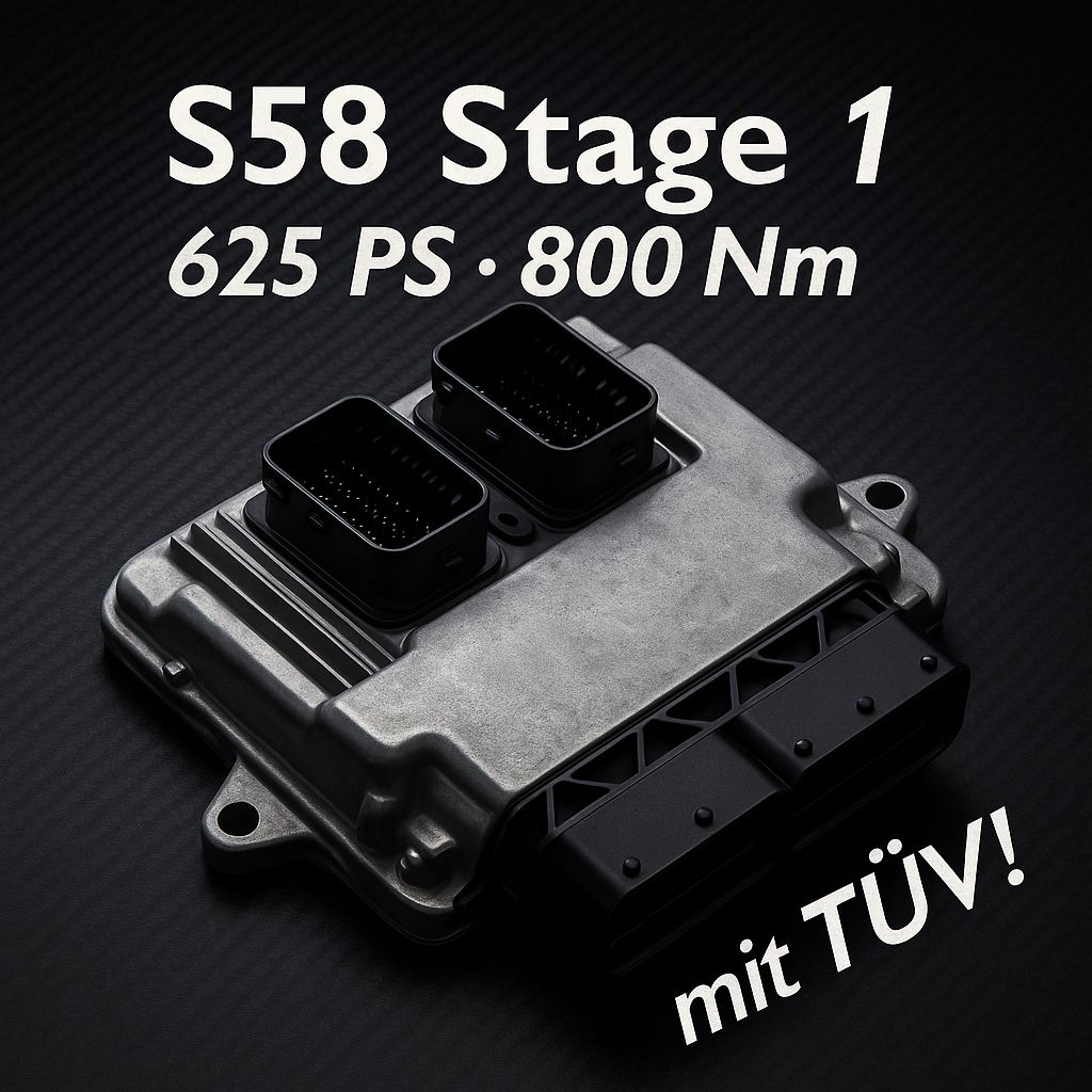 Ein silbernes Auto-Steuergerät mit "S58 Stage 1, 625 PS, 800 Nm, mit TÜV!" auf dunklem Hintergrund, das 55Parts Legales Tuning hervorhebt: Stage 1 für S58 mit TÜV-Map (BMW G87 M2, G80/G81 M3, G82/G83 M4, X3M/X4M), TÜV-konforme Leistungssteigerung.