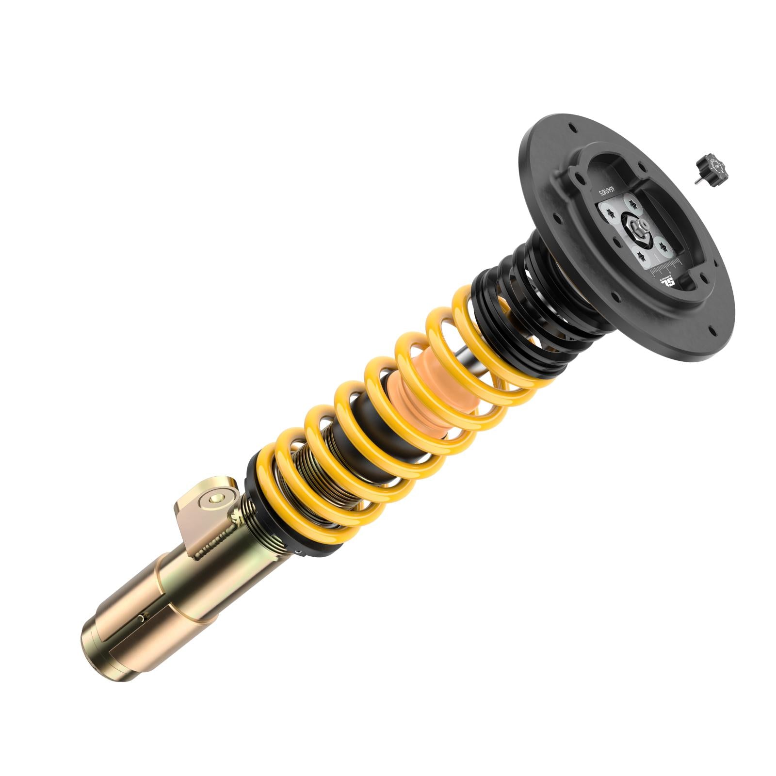 Das ST XTA plus 3 Gewindefahrwerk passend für BMW 1er F20/21, 2er F22/23, 3er F30 und 4er F32 verfügt über gelbe und schwarze Federn mit metallischer Basis, isoliert auf weißem Hintergrund.