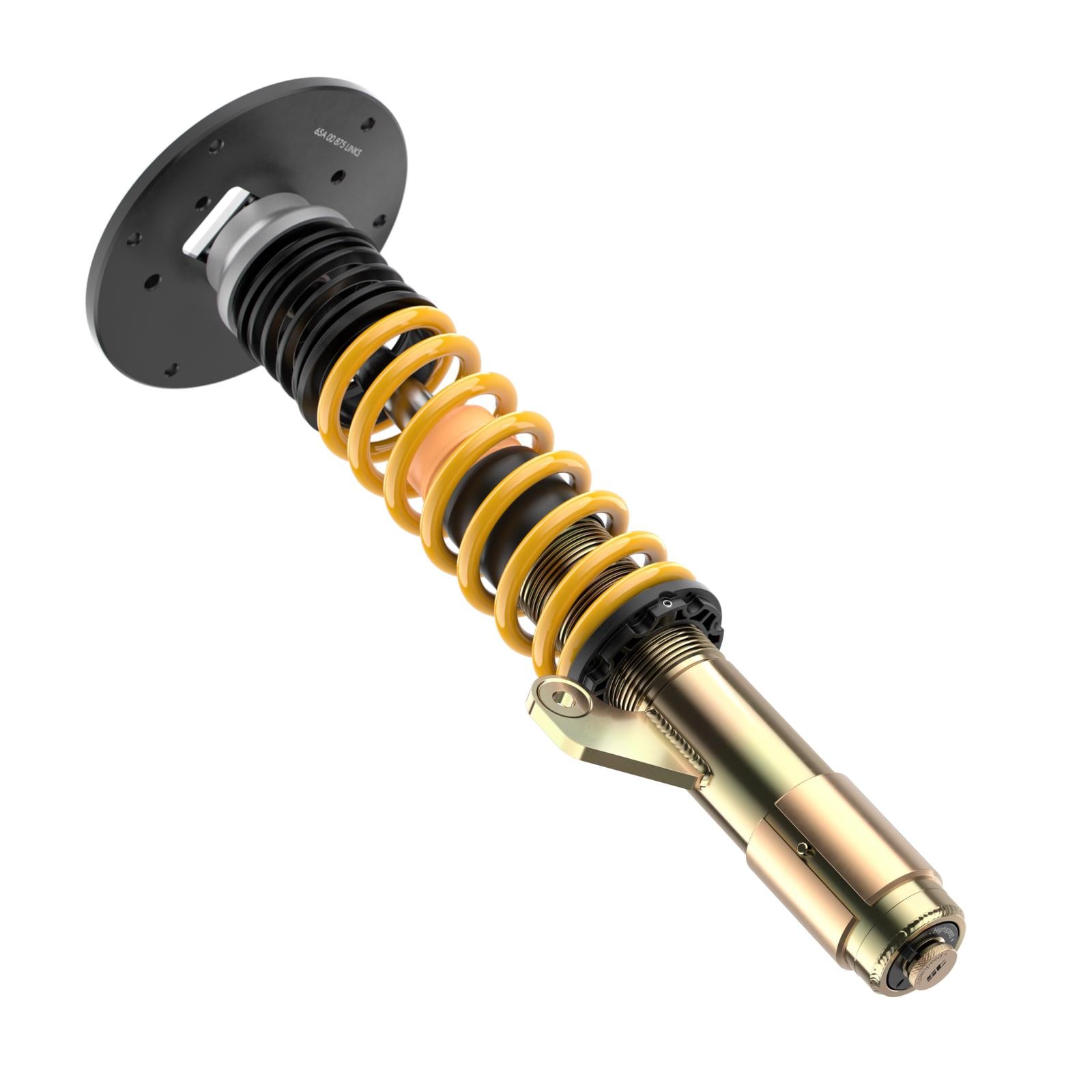 Auf weißem Untergrund ist ein gelber ST XTA plus 3 Gewindefahrwerksstoßdämpfer passend für BMW 1er F20/21, 2er F22/23, 3er F30 und 4er F32 mit Metallic-Karosserie abgebildet.
