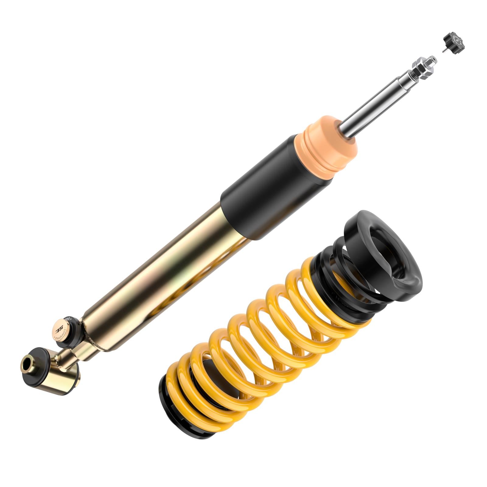 Das ST XTA plus 3 Gewindefahrwerk, konzipiert passend für BMW 1er F20/21, 2er F22/23, 3er F30 und 4er F32, ist mit gelber Gewindefeder und metallischem Stoßdämpfer auf weißem Grund abgebildet.