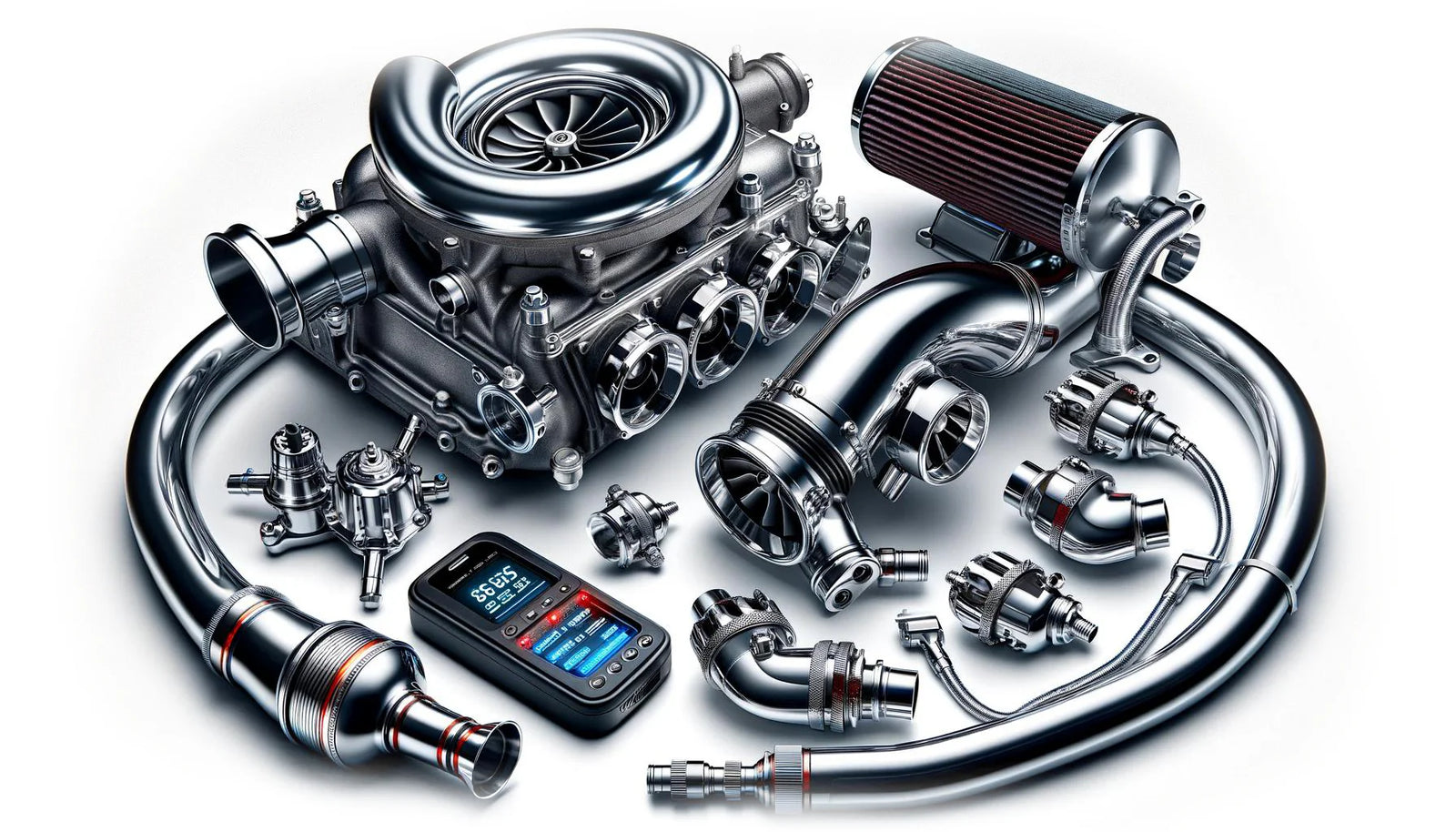 Eine große Nummer 2 über Automotorteilen, Werkzeugen, einem digitalen Gerät und „Stage 2/2+ Leistungspaket passend für BMW M140I, M240I, 340I, 440I B58 (ohne OPF) Gen 1“ mit dem Custom Bundle-Logo auf weißem Hintergrund.