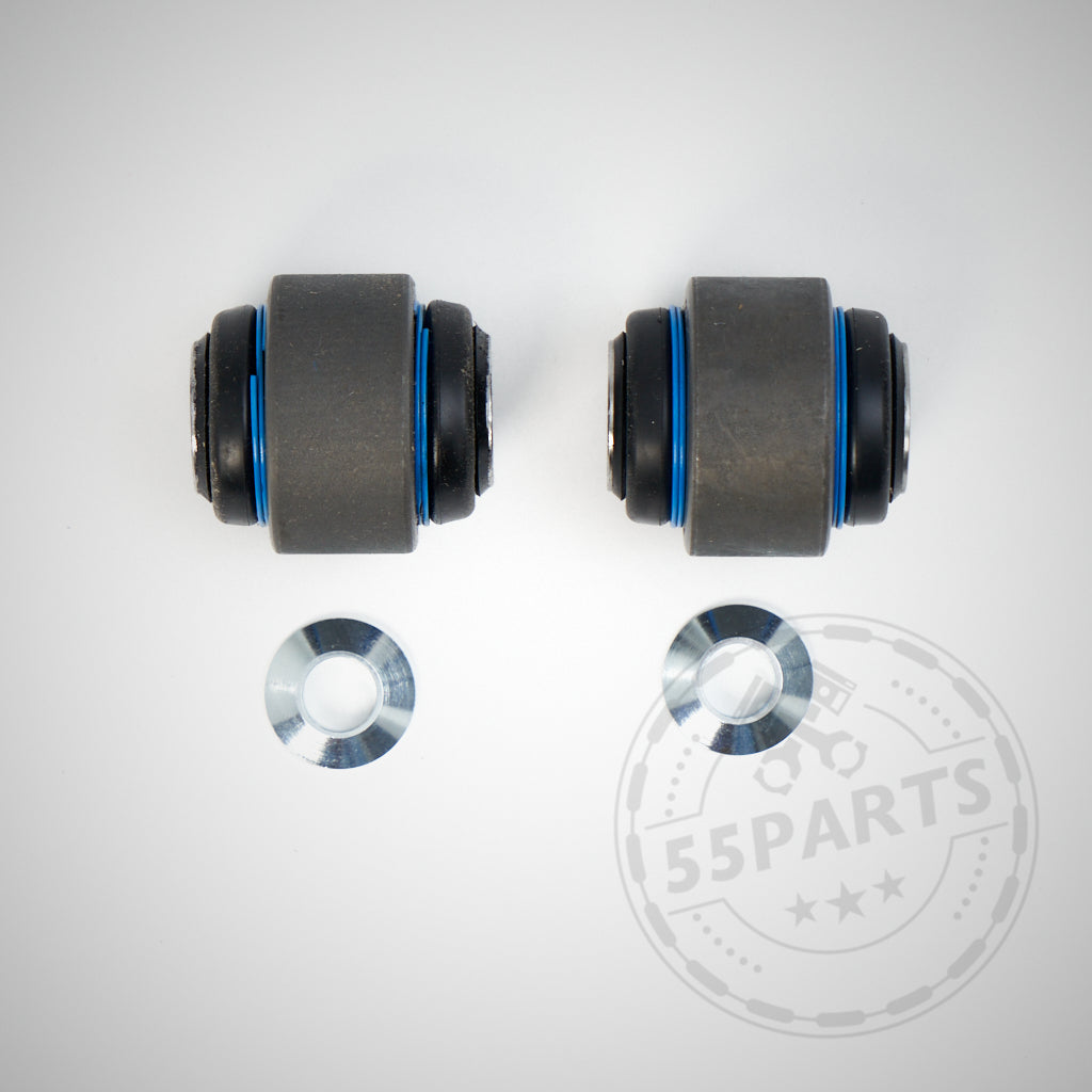 Zwei zylindrische Buchsen mit blauen Ringen und zwei kleinen Metallscheiben – NoFlex Bearings: Kugelgelenkset für Quer/Sturzlenker und Führungslenker passend für BMW 1er E8x, 3er E9x, ideal für Achslagerungs-Modifikationen.