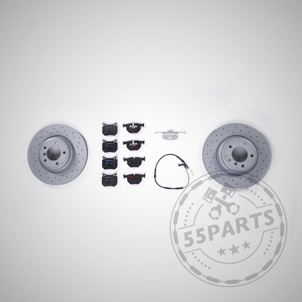 55Parts Special: Bremsen (Upgrade) Set Vorderachse passend für BMW 1er 2er F2x, 3er F3x 35i, 40i (340mm) – inkl. zwei gelochter Bremsscheiben, acht Bremsbeläge, Sensorleitung und Halterung. Perfekt als Ersatz- oder Upgrade-Kit.