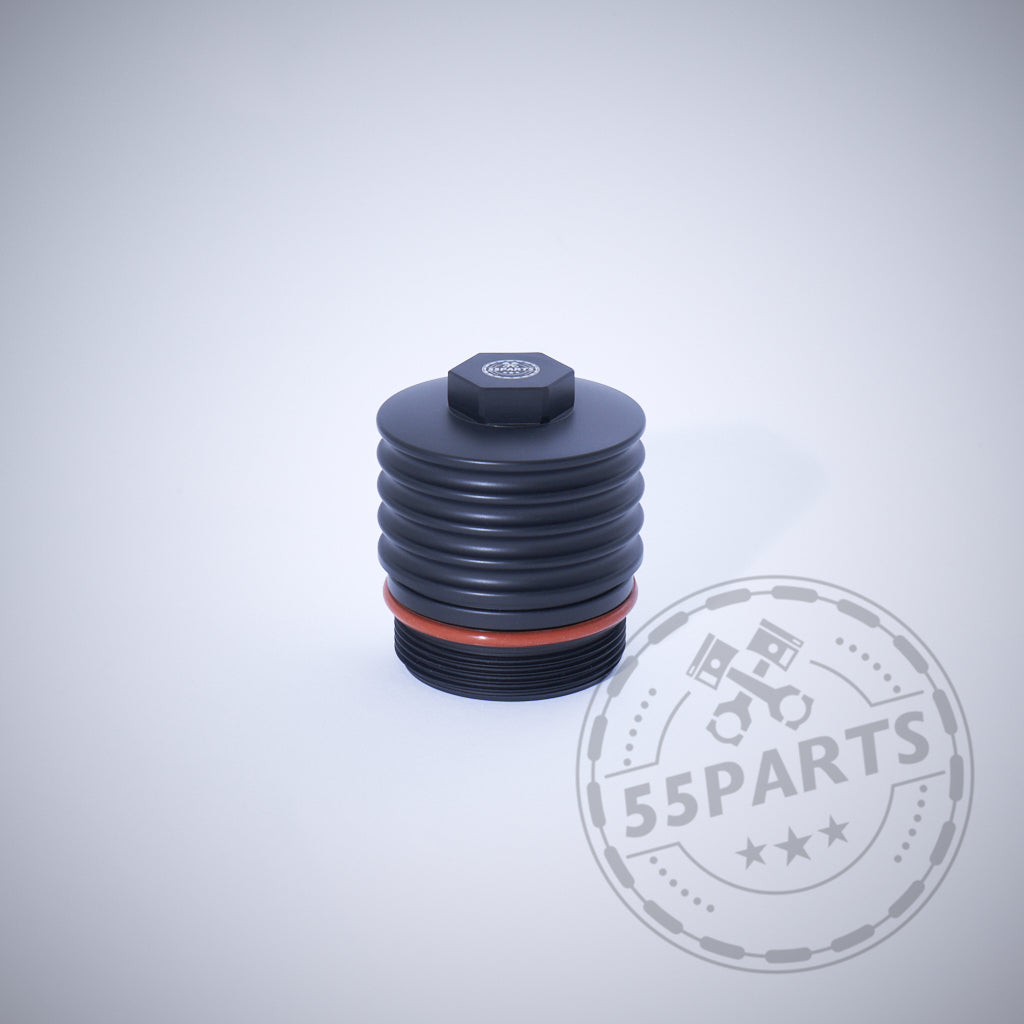 Die 55Parts Exclusive Aluminium Ölfilterkappe mit Sechskant in Schwarz mit Rillen und rotem Ring, passend für BMW N20, N57, N52, N53, N54, N55, S55, B46, B48, B57 &amp; B58 Motoren auf hellem Hintergrund.