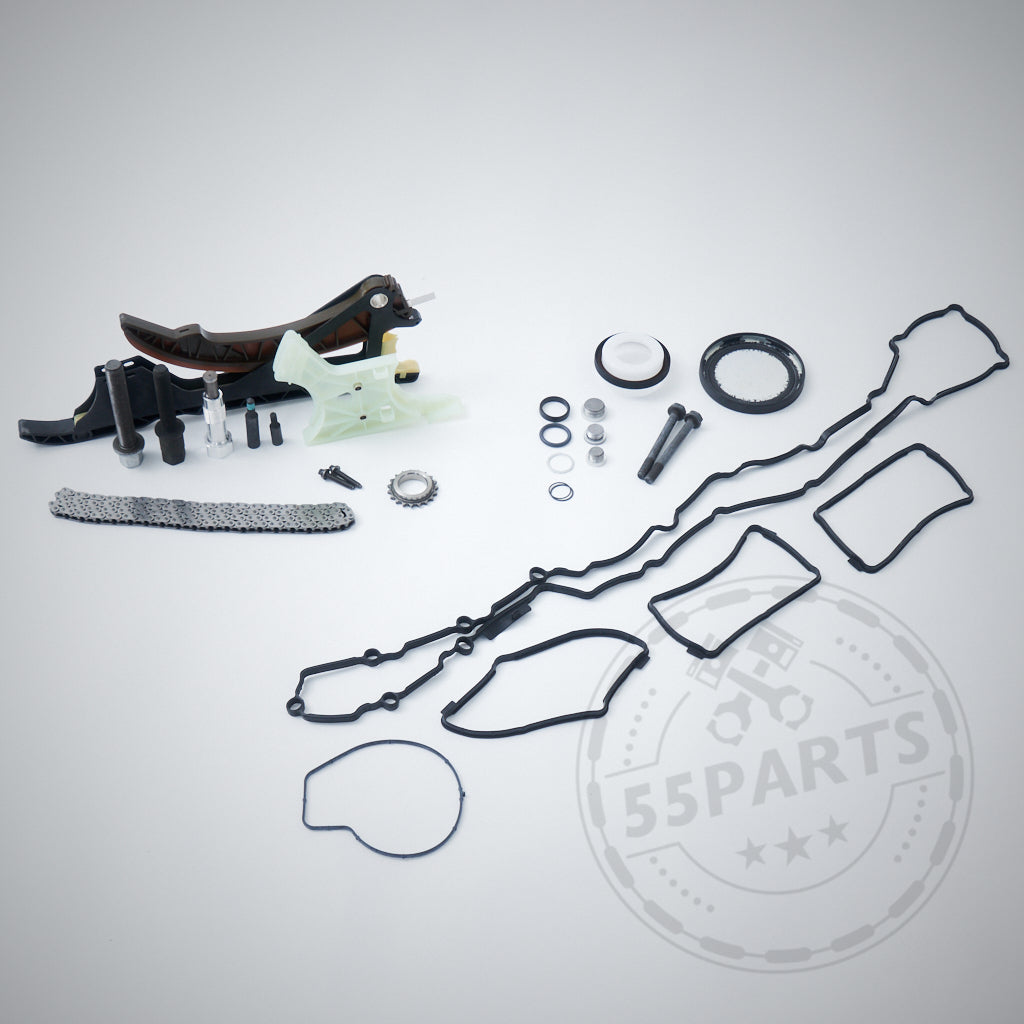Das 55Parts Exclusive Einbauset für einteiligen Crank Hub Fix/Kurbelwellensicherung, passend für BMW M2 Competition, M3, M4 S55, ist auf hellgrauem Hintergrund ausgelegt.