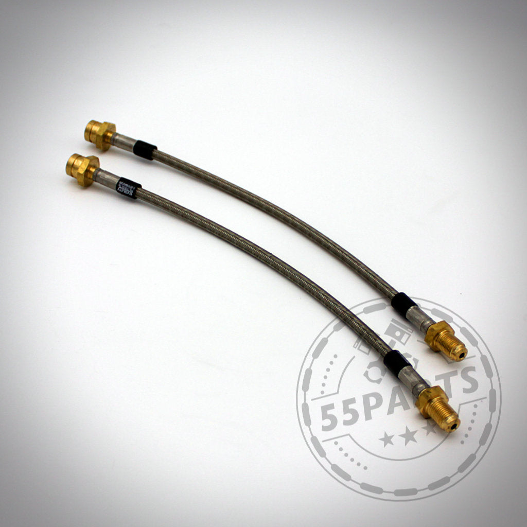 Zwei Fischer Stahlflex-Geflechtbremsschläuche mit Messinganschlüssen, passend für die BMW F-Serie (F1x, F2x, F3x, F8x), abgebildet auf weißem Hintergrund.