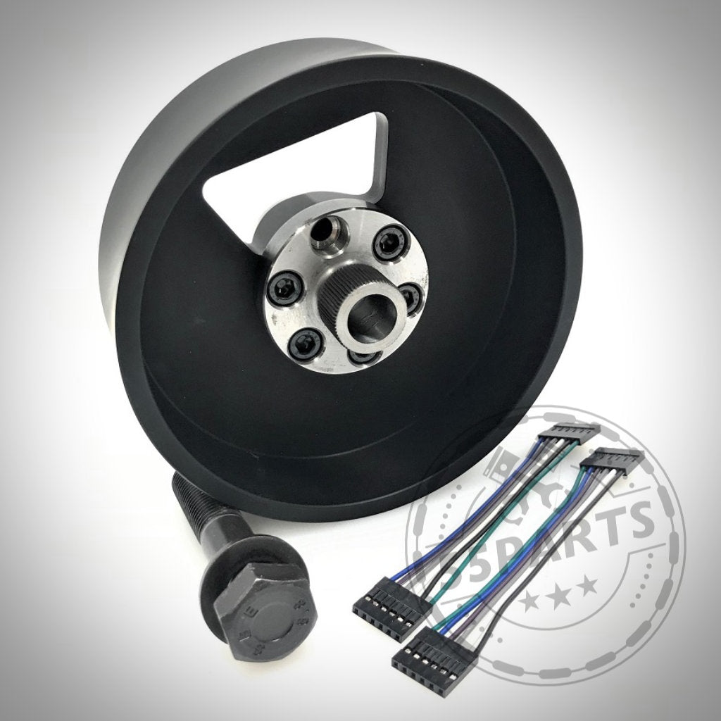 DDM Racing Srls Felgenabstandshalter für BMW E9X M3, alle E9X 3er, E8X 1er und E89 Z4 Modelle, abgebildet auf weißem Grund, mit Montagematerial und Kabelanschlüssen.