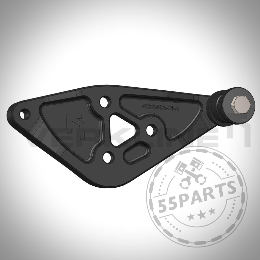 3D-Rendering des VERKLINE Hinterer Differentialträgers, einer schwarzen, dreieckigen Halterung mit drei Löchern und einer runden Halterung, entwickelt für den Toyota Yaris GR.
